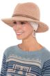 Woman in beige brimmed winter fedora hat with lace hat liner underneath for cancer patients