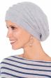 Woman in grey french terry cloth chemo hat with slouchy layers in the back providing body