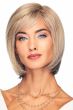 Woman in straight, shoulder length light brown bob lace front wig with bangs