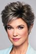 Woman in a full salt and pepper pixie wig