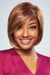 Afro American woman with a chin length medium red bob wig with side bangs