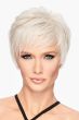 Woman in a shaggy light grey pixie wig with side bangs