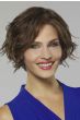 Woman in a chin length wavy dark brown lace front bob wig