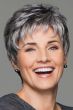Happy woman in a classic grey pixie wig with shaggy textured bangs
