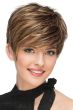 Woman in a light brown lace front pixie wig with longer layers on top
