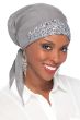 Woman in pretty grey beaded pre tied head scarf for cancer patients