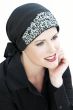 Woman in pretty black pre tied head scarf with jeweled rhinestone details