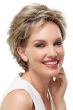 Woman in a classic ash blonde pixie wig with more fullness on top
