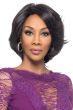 African American woman in a past the chin black layered human hair bob wig with side bangs