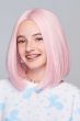 Young girl in a straight shoulder length angled bubblegum lace front children's wig