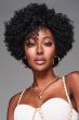 Afro American woman in a short curly black lace front layered wig