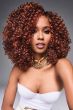 Black woman in a past the shoulders layered dark red curly lace front wig