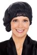 Woman in black silk sleep bonnet sleeping cap with lace trim for cancer patients