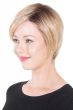 Woman in a chin length light blonde lace front 6" hair topper for thinning hair