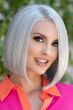 Woman in a shoulder length silver angled lace front bob wig