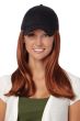 Woman in a solid black baseball cap with extra long deep auburn hair attached
