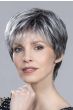 Woman in an edgy light blonde layered lace front pixie wig with bangs