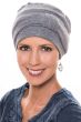 Middle aged woman in grey cancer turban with headband and knot
