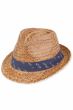 Casual straw men's fedora hat for the beach with navy tropical print band and brim