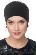 Women in black bamboo layered volumizing turban or beanie hat designed for cancer patients