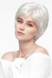 Woman in a short white layered lace front wig with side bangs