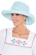 Woman in summer look with white shirt and big brimmed aqua colored cotton hat