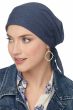 Woman in dark blue denim organic cotton pre tied head scarf for cancer patients