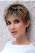 Woman in a short light red textured pixie wig with dark longer hair on top and dark roots