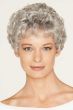 Woman in a petite short curly grey wig