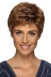 Woman in a petite classic light auburn pixie wig with fringe bangs
