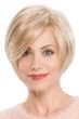 Woman in a chin length platinum rounded lace front bob wig
