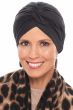 Woman in black vintage style pleated turban for women with cancer