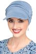 Woman wearing light blue hat cancer hat with brim on the front