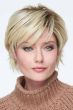 Woman in a short cropped light blonde lace front wig