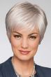 Woman in a light grey classic pixie wig with longer layers on top and side bangs