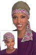 Woman in reversible olive head covering for women with cancer