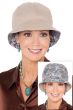 Woman in reversible summer bucket hat with khaki on one side and print on the other - 2 looks