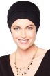 Woman in black ribbed bamboo chemo turban