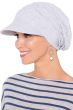 Woman in grey ribbed bamboo chemo cap with front brim and slouchy fabric detail in back