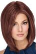 Woman in a shoulder length dark auburn angled lace front bob wig