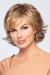 Woman in a short medium brown lace front wig with feathered layers