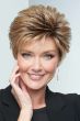 Woman in a blown out light blonde lace front pixie wig with longer hair on top