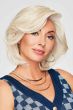 Woman in short blonde bob lace front wig with curled under style