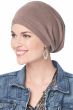 Woman in thinly knit taupe slouchy chemo beanie hat