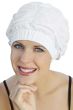 Woman in white shirred shower cap or swimming cap