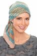 Woman in khaki swirled head scarf for women with cancer