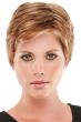 Woman in blonde, short pixie wig with layers and bangs