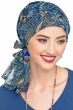 Woman in blue paisley pre tied head scarf for cancer patients