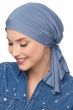 Woman in blue bamboo pre tied head scarf for women with cancer