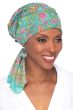 Women in teal floral pre tied cotton head scarf for women with cancer